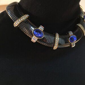 Authentic YSL Vintage Choker Necklace Gold & Gunmetal Blue Sapphire Glass Stones